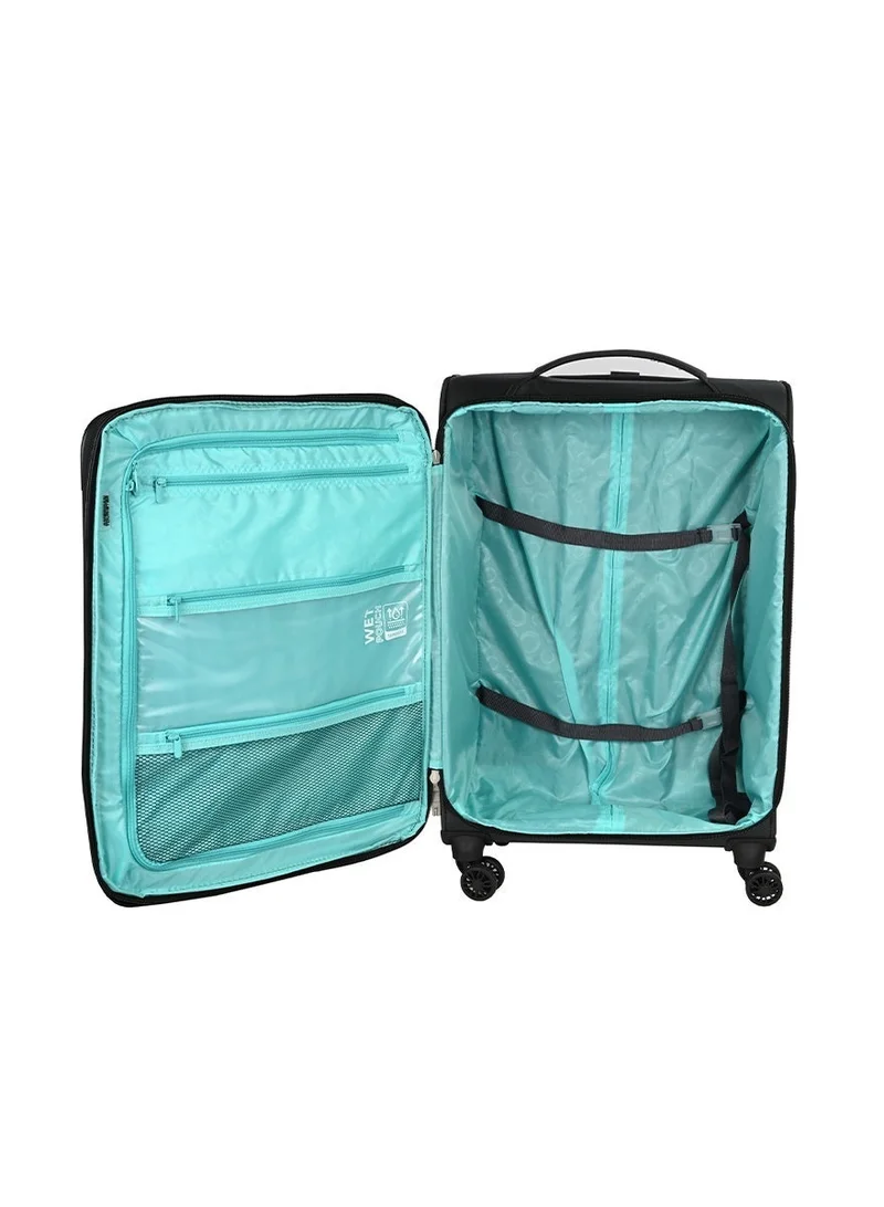 AMERICAN TOURISTER  Majoris + Suitcase, Cabin Size 59 cm, 4 Spinner Wheels, Soft Top, 100% Polyester, Black|Corner Guards|Multi Front Pocket|TSA Combination Lock|Expandable|Retractable Aluminum Handle - 3 Years International Warranty  | Best Price UAE